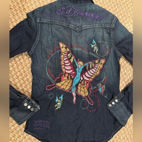 VTG Ed Hardy INSANE y2k butterfly embroidered pearl snap denim shirt size m - Picture 6 of 15